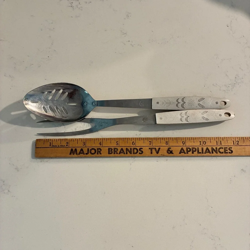 Vtg Ekco Flint Kitchen Utensil Set Slotted Spoon Meat Fork Stainless MCM Retro